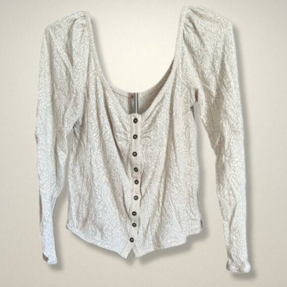 Free People Blouse Button Down Floral Long Sleeves‎ Scoop Neckline Off White W L - Picture 1 of 9